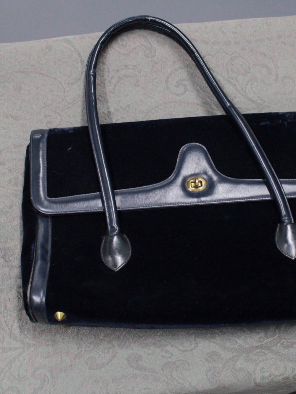 Vintage midnight blue patent leather and velvet handbag
